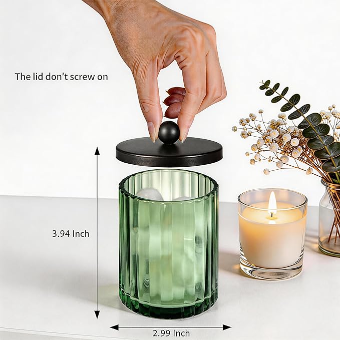 Amolliar Sage Green Glass Apothecary Jar, Qtip Holder Dispenser for Cotton Swabs, Balls, Makeup Pads, Floss Picks, Bathroom Essential Accessories, Countertop Canister Storage Organizer (Black, 4 Pack)