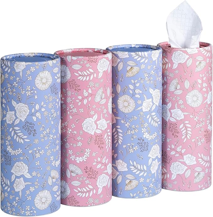 Car Tissues Cylinder, 4-Pack, 50 Tissues per Canister, 3-Ply (200 Total), Facial Tissues for Car Cup Holder, Round Tissue Box Holder, Wildrose & Dandelion Whispers