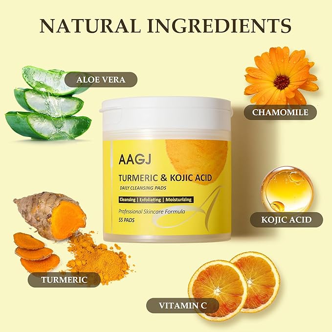 Turmeric Kojic Acid Cleansing Pads,Turmeric Exfoliating Face Scrub Pads, Remove Excess Keratin, Smooth Skin, Deep Cleansing Facial Pad for All Skin Types, 55 Pcs