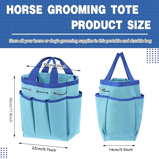 Abbylike Grooming Tote Bag for Horses and Dogs Organize Tack Tools Equestrian Grooming Kit Care Portable with Multiple Pockets for Supplies(Vintage,15 x 12 x 5.5 Inches,Blue)