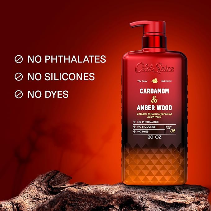 Old Spice Body Wash for Men, The Spice Alchemist Collection, 24/7 Cologne Infused Hydration, No Trade Off Formula, Free of Phthalates Silicones & Dyes, Cardamom + Amber Wood Scent, 20 oz