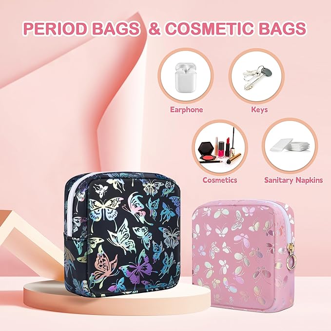 Period Bag Pouch, Leather Sanitary Napkin Storage Bag for Girls Womens, Portable Sanitary Napkin Period Pad Pouch Bag for Purse (Black-Dancing Butterfly)
