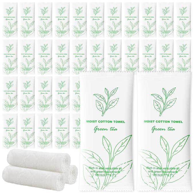 Moist Cotton Towel Bulk Moist Towelettes Individually Wrapped,White Towel Services,Refreshment Pre Moistened Towels for Dentist Travel Sport Party Hotel 50，Green tea