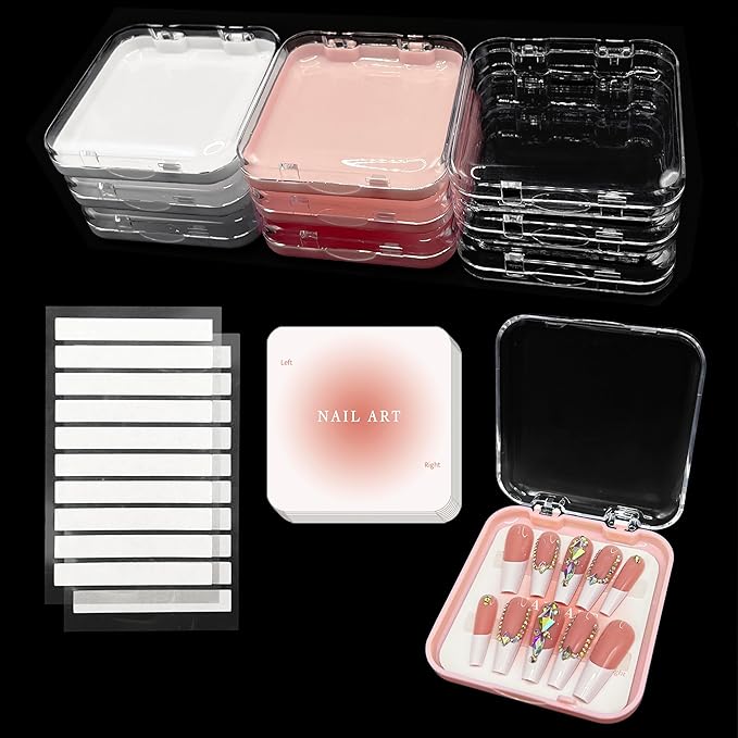 9 Pcs Press On Nail Storage Box in 3 Colors, Acrylic Fake Nail Case with 9 Display Cards and 2 Sheets of Double-Sided Adhesive Tape (20 Strips) for Nail Art Home Salon Packaging Use