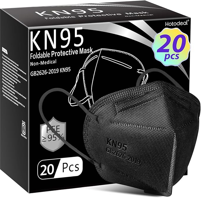 Hotodeal KN95 Face Masks 20 Pcs, Black Kn95 Masks for Adults, 5 Layers Cup Dust Mask for Men, Women, Healthcare/Essential Workers