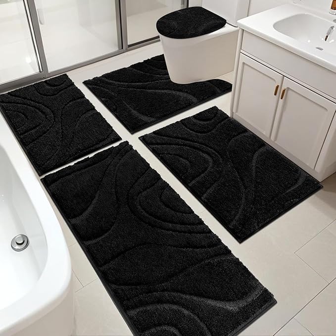 HEBE Bathroom Rugs Sets 5 Piece, Soft Absorbent Microfiber Bath Mat for Bathroom, Non Slip Washable Bath Rug Set with Toilet Cover, Bath Runner and U-Shaped Contour Toilet Rug, Black