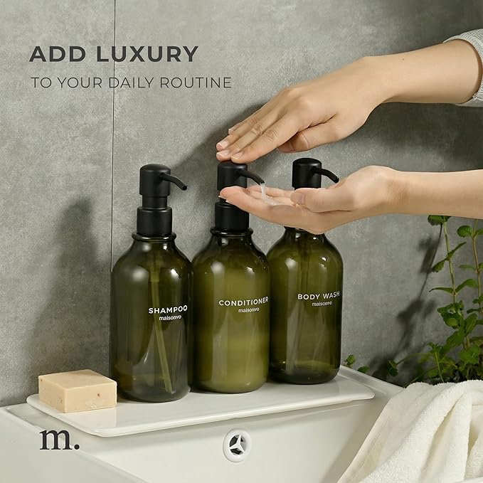 MaisoNovo Refillable Shampoo and Conditioner Bottles - 16.9 fl oz Set of 3 Green Plastic Bottles Black Plastic Pumps