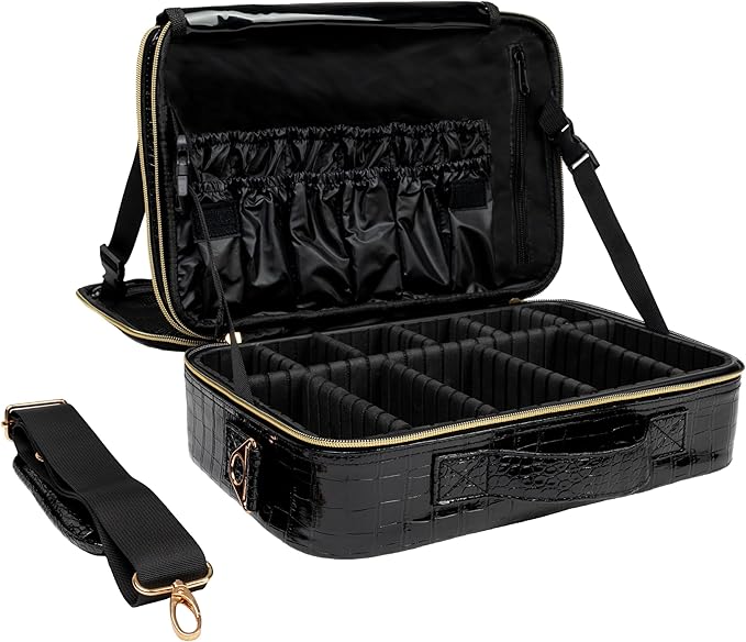 Carrywell Makeup Bag Travel Case, Not-Made In China, Hard Train Case for Cosmetics, Portable Beauty Artists Organizer, Storage Box With Adjustable Dividers For Make Up and Brushes, Medium Crocodile