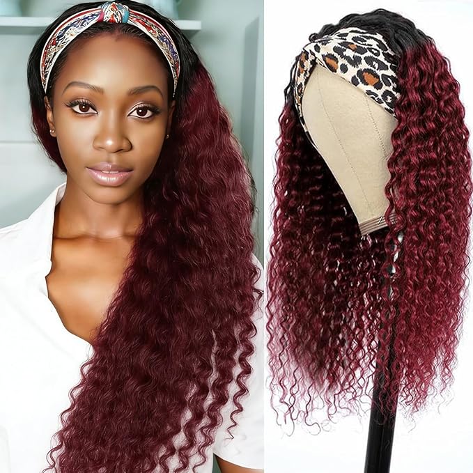 XSY Headband Wig Human Hair 1B/99J Burgundy Deep Wave Headband Wig Red Colored Curly Headband Wig Glueless No Lace Front Wig Brazilian Virgin Human Hair Wigs for Black Women 150% Density 18 Inch
