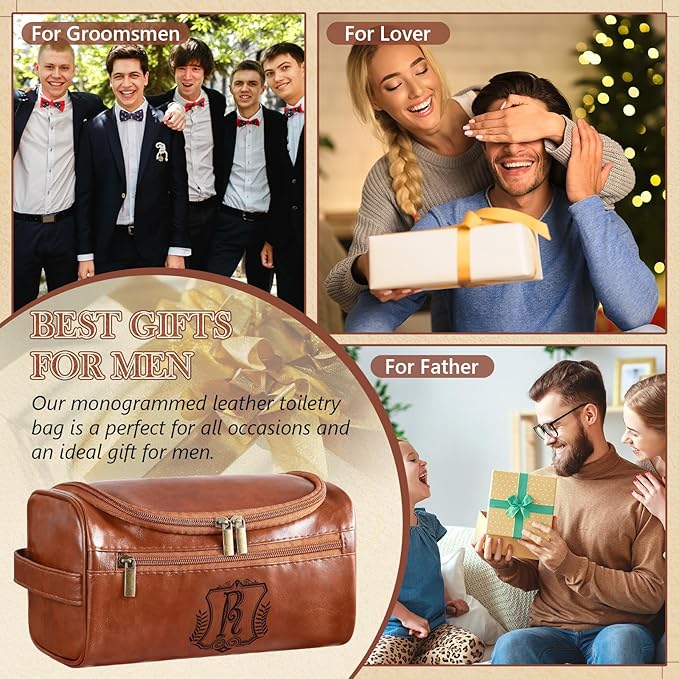 Sadnyy Personalized Leather Toiletry Bag for Men Initial Travel Bag with Hook Monogrammed Toiletry Pouch Leather Travel Bathroom Kit with Side Handle for Him Dad Husband Anniversary Birthday Gifts(R)