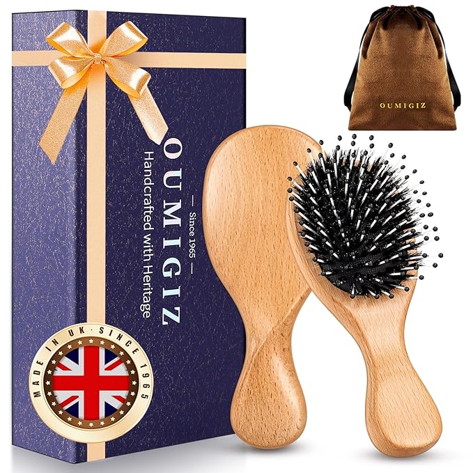 Mini Boar Bristle Hair Brush Since 1965 British Craftsmanship, Handmade Natural Wooden Small Hairbrush, Soft Bristles Gentle Detangling Smoothing Women Men Kids Long Curly Thick,Thin, Fine Hair