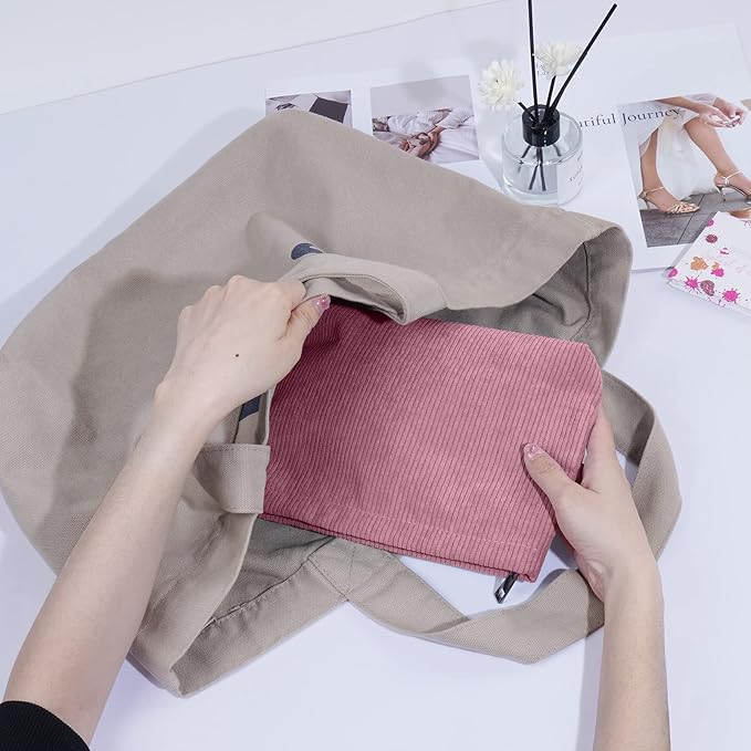 MAANGE Cosmetic Bags for Women Small Makeup Bag for Purse Corduroy Makeup Pouch Travel Makeup Bag with Metal Zipper Make Up Bag for Travelling(PINK)