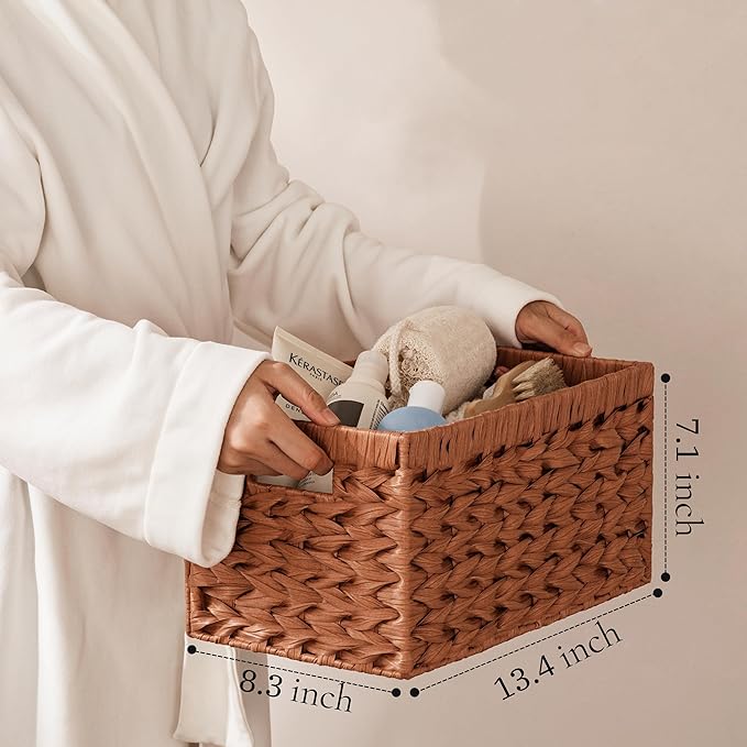 UBBCARE Storage Baskets with Label, Wicker Pantry Baskets for Shelves, Waterproof Woven Basket for Organizing, 2-Pack Plastic Rectangle Organizers with Handles,Light Brown (13.4L×8.3H×7.1W)