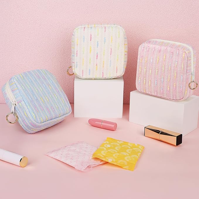 Period Bag for Teen Girls, Colorful Lines Sanitary Napkin Storage Bag, Menstrual Pad Pouches Tampon Holder for Purse (White)