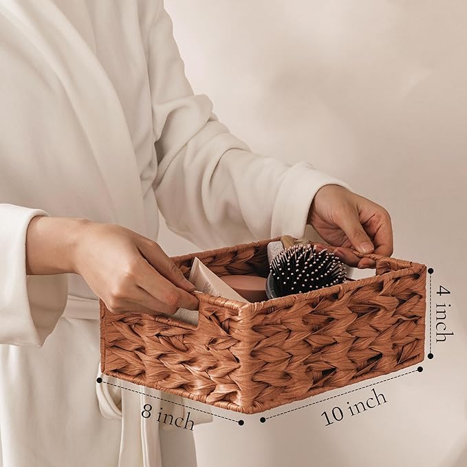 UBBCARE Storage Baskets with Label, Wicker Pantry Baskets for Shelves, Waterproof Woven Basket for Organizing, 2-Pack Plastic Rectangle Organizers with Handles, Light Brown (10L×8H×4W)