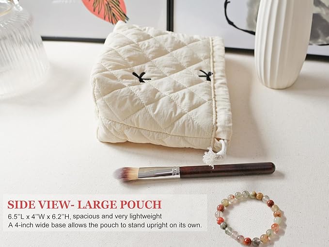 HAPPYHEIDI Quilted Nylon Drawstring Makeup Bag Set 2 Compartment Cosmetic Toiletry Travel Pouch, Purse Organizer, Creamy White Embroidery Bow