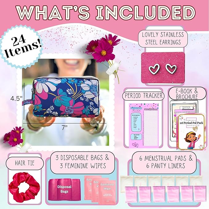 First Period Pal Pack to-Go Kit | 24 pcs | First Period Kit for Tweens | Teen Period Kit| Discrete Period Bag, Pads, Panty Liners, Period Kits for Tweens 10-12 (Flowers)