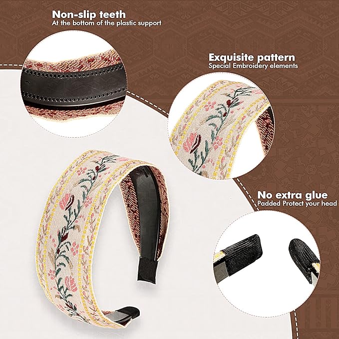 EBOOT 4 Pieces Boho Headband for Women Embroidery Wide Hair Band Bohemia Floral Knotted Wide Headbands Vintage Ethnic Style Girls Accessories(Classic Pattern)