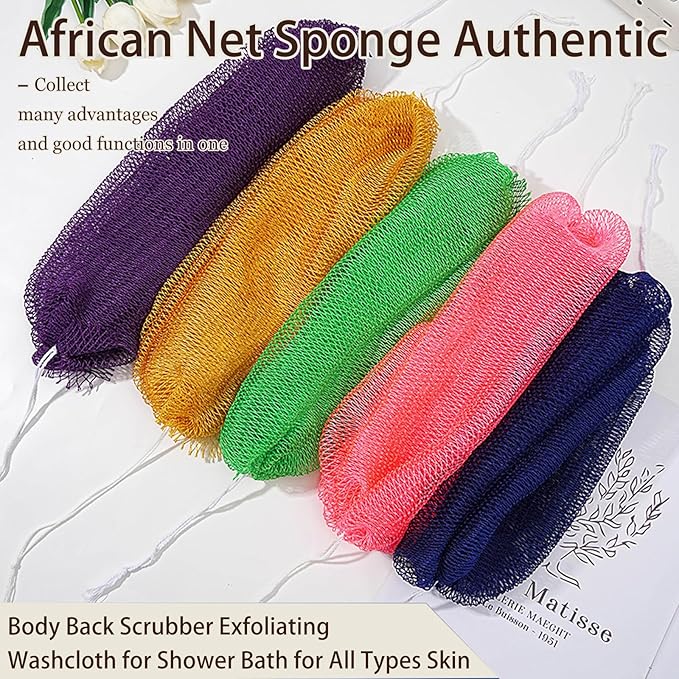 African Net Sponge Authentic, 3 Pieces African Exfoliating Net Sponge Body Back Scrubber Exfoliating Washcloth for Shower Bath for All Types Skin (Green+Gold+Light Purple, 3 Pcs)
