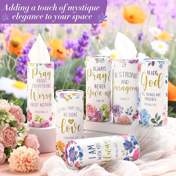 Outus 12 Pcs Floral Christian Car Tissues Cylinder Holder with 3 Ply Facial Tissue Bulk Inspirational Bible Verse Tissue Holder Flower Religious Travel Tissues Boxes Container for Car Cup Home Office