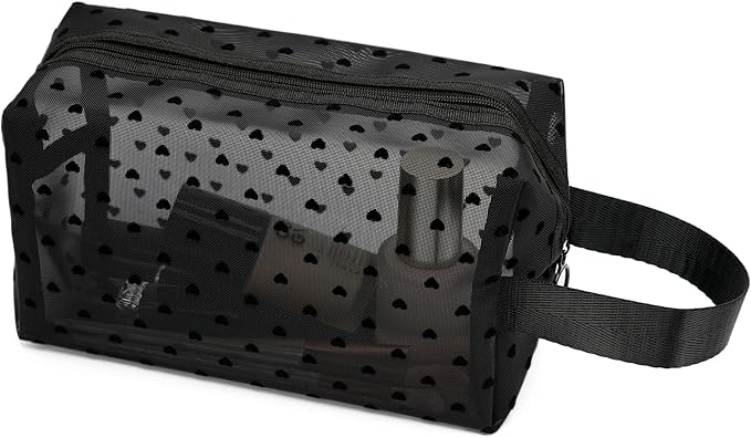 Portable Mesh Makeup Bag with Zipper Small Travel Toiletry Bag Lightweight Cosmetic Pouch (Black&Black Heart with Handle)