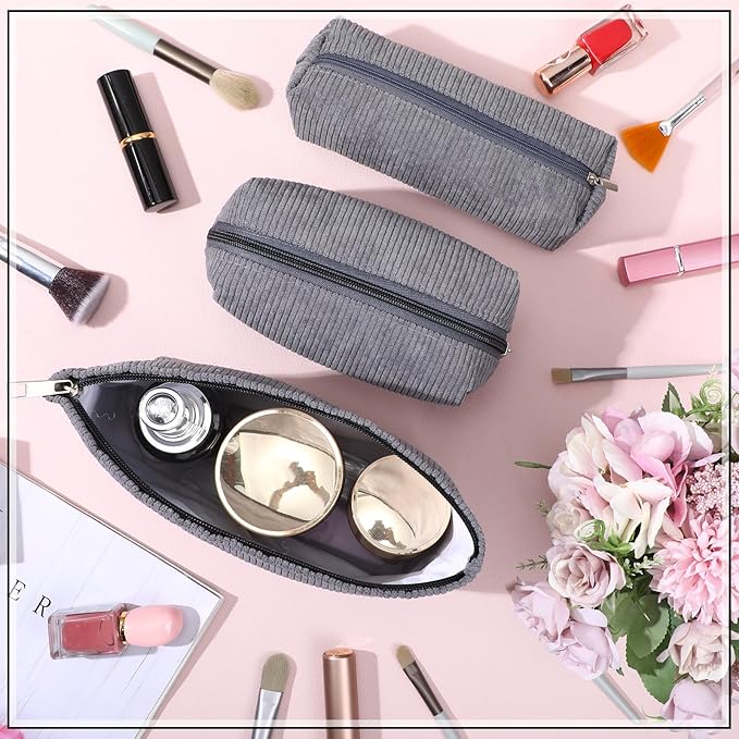 3 Pcs Makeup Bag Set for Women Corduroy Cosmetic Pouch Aesthetic Smile Travel Toiletry Bag Cute Purse Pouch Pencil Case Makeup Brushes Storage Organizer with Zipper(Gray,Solid Style)