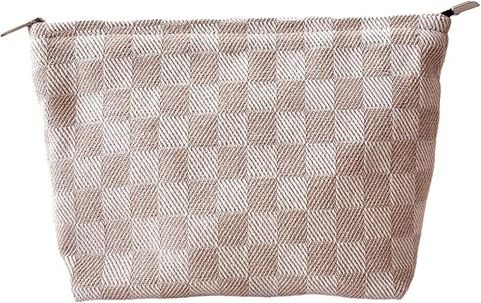 Khaki Checkered Makeup Bag for Women, Canvas Cosmetic Bag with Zipper Lining, Travel Makeup Pouch for Purse, Travel Pouch for Toiletry, Cosmetic, Sunscreen, Hygiene, Skincare, SPF, Medicine, Sunblock