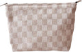 Khaki Checkered Makeup Bag for Women, Canvas Cosmetic Bag with Zipper Lining, Travel Makeup Pouch for Purse, Travel Pouch for Toiletry, Cosmetic, Sunscreen, Hygiene, Skincare, SPF, Medicine, Sunblock