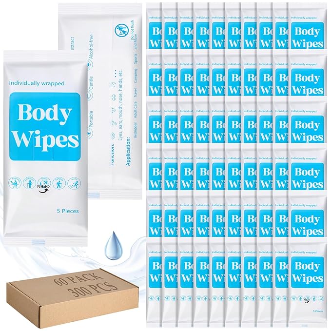 300 Pcs 60 Pack Body Wipes for Adults Bathing No Rinse Individually Wrapped Shower Wipes Washcloth with Aloe Cleansing Body Wash Cloths Disposable Bulk Deodorant Homeless(White Background)