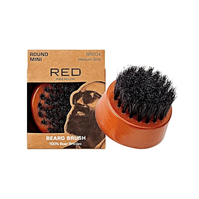 Red by Kiss Beard Brush with 100% Natural Boar Bristles for Men, Premium Wooden Brush, Beards Mustaches Grooming Shaving Comb, Tame and Soften Facial Hair (Round Mini)