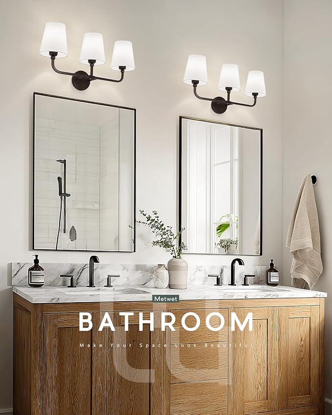 Bathroom Light Fixtures, 3-Light Oil Rubbed Bronze Vanity Lights with Flared White Fabric Shade, Vintage Sconces Wall Lighting for Hallway Bedroom, VL837-ORB-3