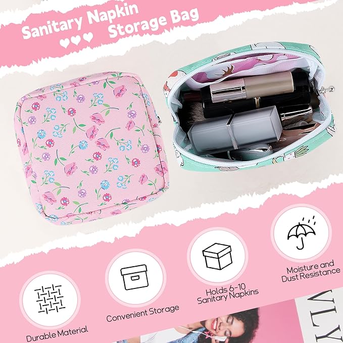 Desing Wish Period Bag Pouch Soft Cloth Sanitary Napkin Storage Bag Portable Menstrual Pad Pouches Tampon Holder for Purse First Period Kit for Girls 9-12 (Flowers)