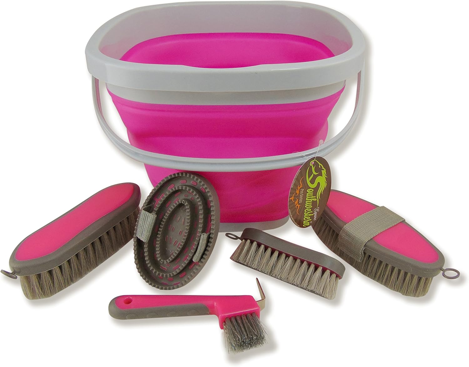 Collapsible Grooming Kit 10 Liter Bucket and 5 Grooming Tools by Southwestern Equine (Pink)