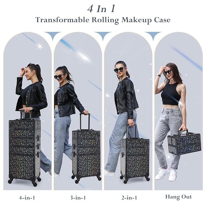 Stagiant Rolling Makeup Case Cosmetology Case on Wheels 4 in 1 Large Makeup Travel Case Nail Kits Organizer Train Case with Key Make Up Artist Salon Storage Traveling Cart Trunk Black Star