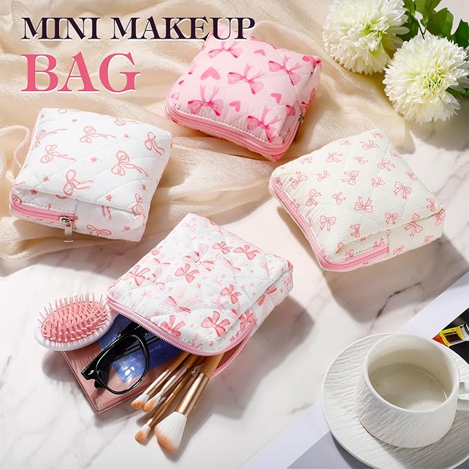 Paterr 4 Pcs Mini Quilted Floral Makeup Bag Women Gifts Small Cosmetic Bag Floral Quilted Makeup Pouch with Zipper Cute Travel Toiletry for Mom Teacher Women Girls Gifts(Coquette Bow)