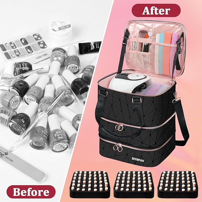 Nail Polish Organizer Bag Holds 126 Bottles (15ml/0.5fl.oz)& Nail Lamp, 3 Layers Detachable Nail Kit Storage Case PU Leather, Large Travel Nail Supplies Shoulder Bag for Manicure Tools (Black)