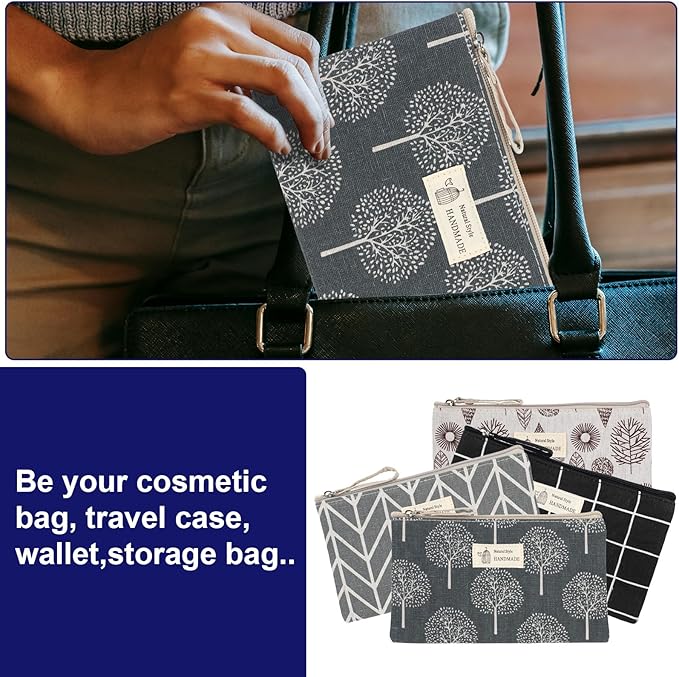 4 Pcs Canvas Cosmetic Bags Cosmetic Pouches with Zipper Makeup Bag Multi-Function Canvas Travel Pouch Vacation Travel Toiletry Bag for Women Girls, 4 Patterns
