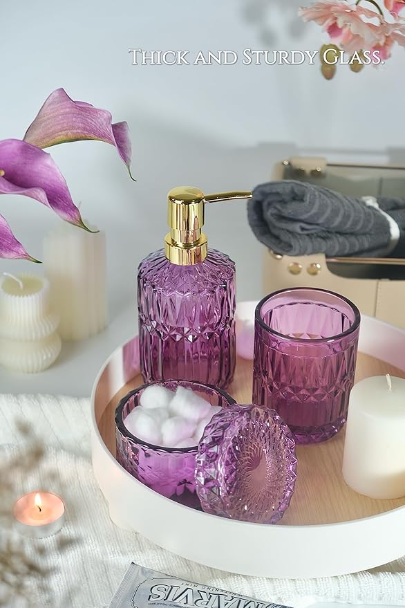 Purple Bathroom Accessories Set, 5Pcs Clear Glass Bathroom Decor Set, Soap Dispenser, Toothbrush Holder Set, Soap Dish, Qtip Holder, Tumbler for Vintage Crystal Bathroom Decor, Gift Set