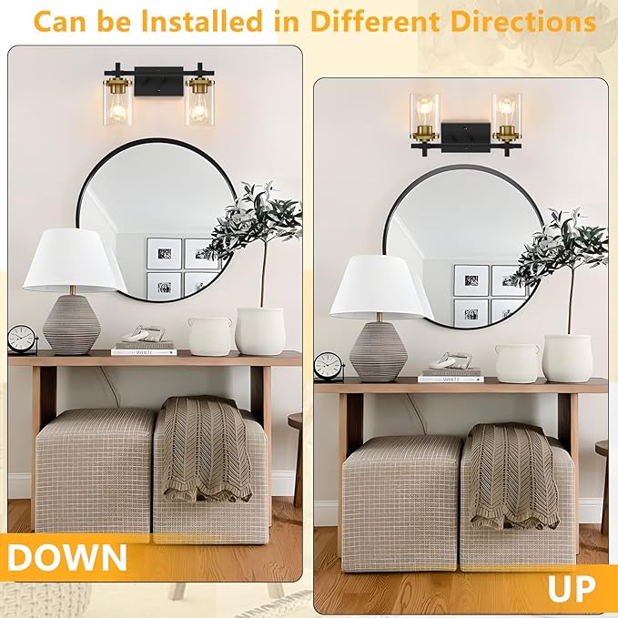 2-Lights Black and Gold Bathroom Light Over Mirror with Square Glass Shade and Metal Base, Gold Wall Vanity Lights for Bedroom, Stairs, Living Room, Hallway
