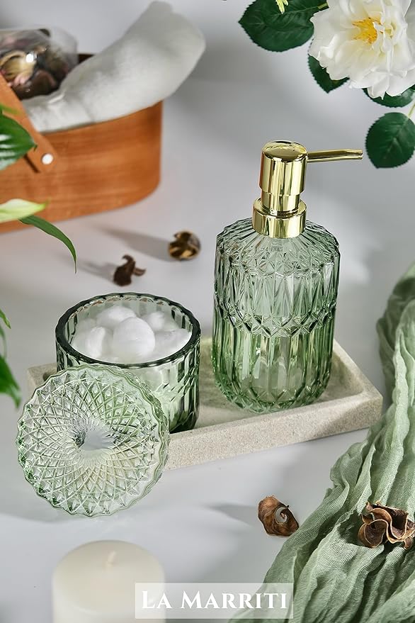 4pcs Glass Bathroom Accessories Set, Clear Green Bathroom Soap Dispenser Set, Toothbrush Holder, Soap Dish, Soap Dispenser, Qtips Holder Set for Crystal Vintage Bath Decor (Green)