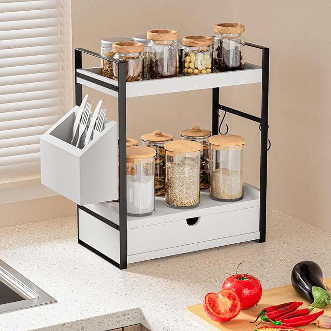 Kottwca Bathroom Counter Organizer with Drawer, 2-Tier Wood Countertop Organizer for Storage, Vanity Skincare Organizers, Bathroom Sink Shelf for Organization(White)