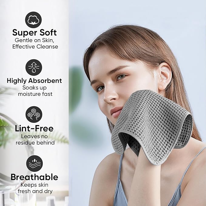 Microfiber Waffle Face Towels, 4 Pieces, Soft, Absorbent, Fast Drying, Lint Free 430 GSM (Gray)