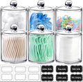 SheeChung 6-Pack Clear Acrylic Apothecary Jars with Labels - (3) 10oz & (3) 12oz Qtip Holder Set - Shatterproof Bathroom Vanity Organizer for Cotton Swabs, Balls, Pads - Minimalist Decor