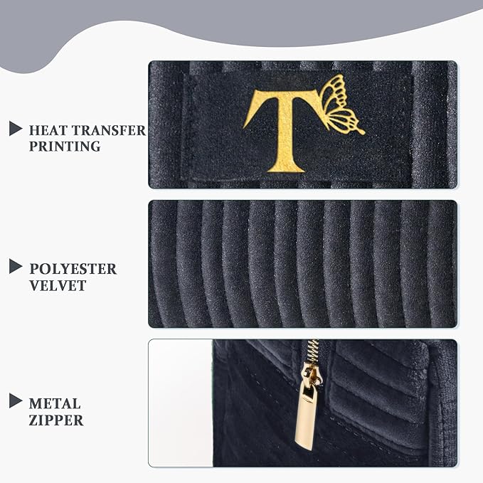 COSHAYSOO Travel Makeup Bag Quilted Make Up Pouch Initial Velvet Cosmetic Case with Butterfly Decorations for Womens Fashion Trending Birthday Easter Valentines Gifts Ideas Unique Black Letter T