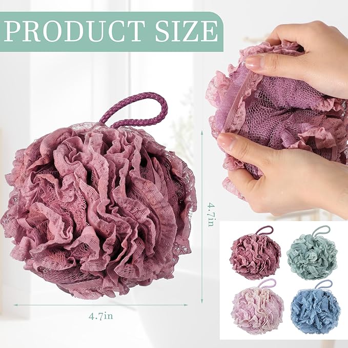 Sunnyray 4 Pack Loofah Bath Sponge Lace Mesh Set Large 60g Shower Poufs Body Scrubber Bath Loofah Ball Body Wash Sponge Exfoliating Scrubber Luffa Puff for Women Men Cleanse Skin Accessories (Classic)