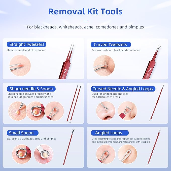 Shevelestar 7PCS Blackhead Remover Comedone Extractor, Curved Blackhead Tweezers Kit, Professional Stainless Pimple Acne Blemish Removal Tools Kit