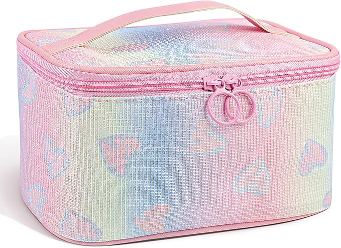 Makeup Bag, Travel Makeup Case Organizer With Handle and Divider, Make Up Box for Women, Cute Cosmetic Bag for Girls Sister Gifts