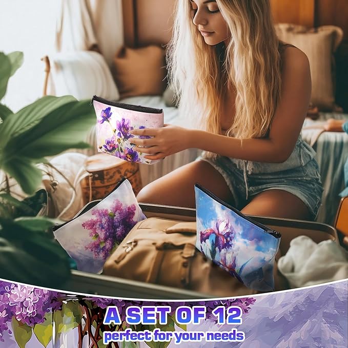 Sweetude 12 Pcs Purple Oil Painting Flowers Makeup Bag Bulk Purple Portable Travel Cosmetic Bag with Zipper Retro Floral Waterproof Roomy Travel Beauty Toiletry Organizer Storage Pouch for Women Gifts