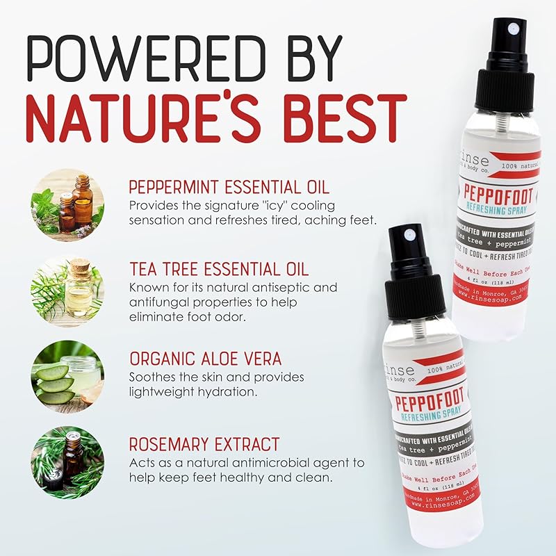 Rinse Bath & Body Peppermint Foot Spray - 4oz Handmade All Natural Cooling Foot Spray with Tea Tree Oil and Essential Oils, Vegan, Non-GMO, Gluten Free, Deodorizing Peppermint