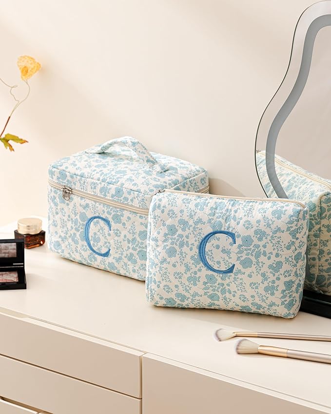 HBselect 2Pcs Initial Quilted Cotton Large Travel Cute Floral Coquette Makeup Cosmetic Toiletry Bag for Women Girls